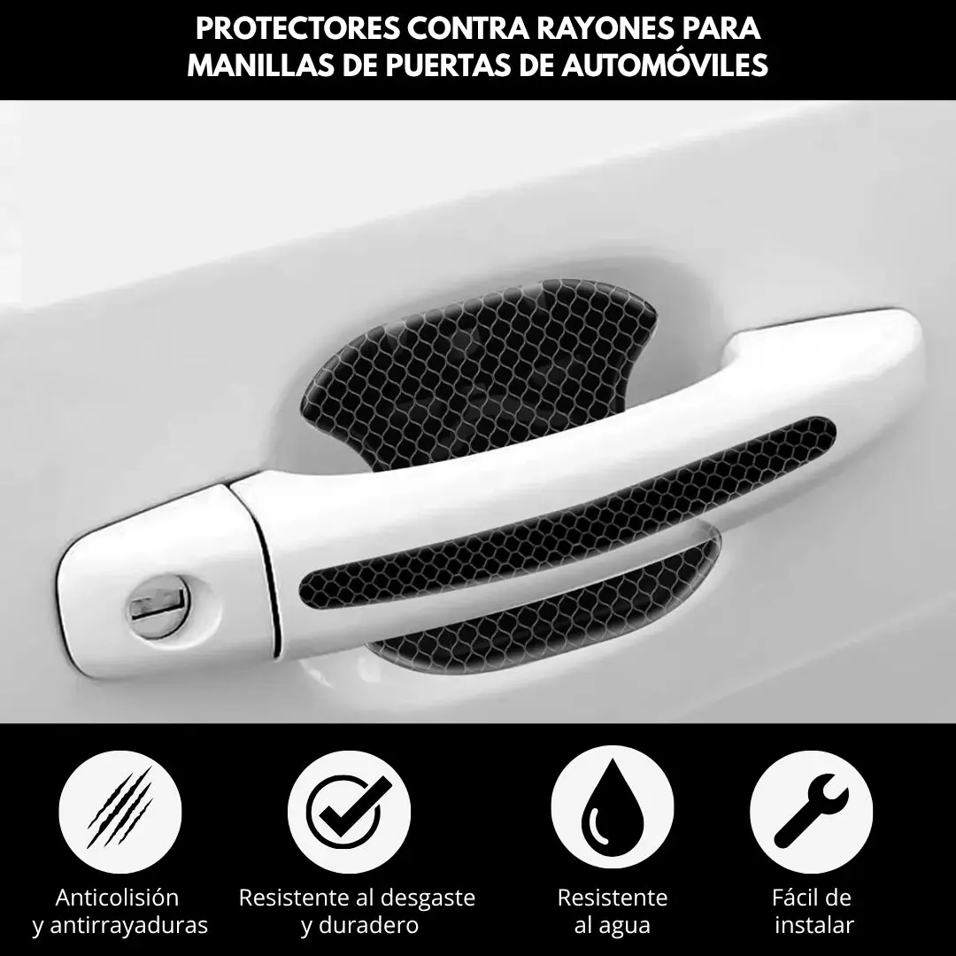 Protectores antirayones para manijas de auto, negros con textura de panal, protegen pintura y evitan desgaste.