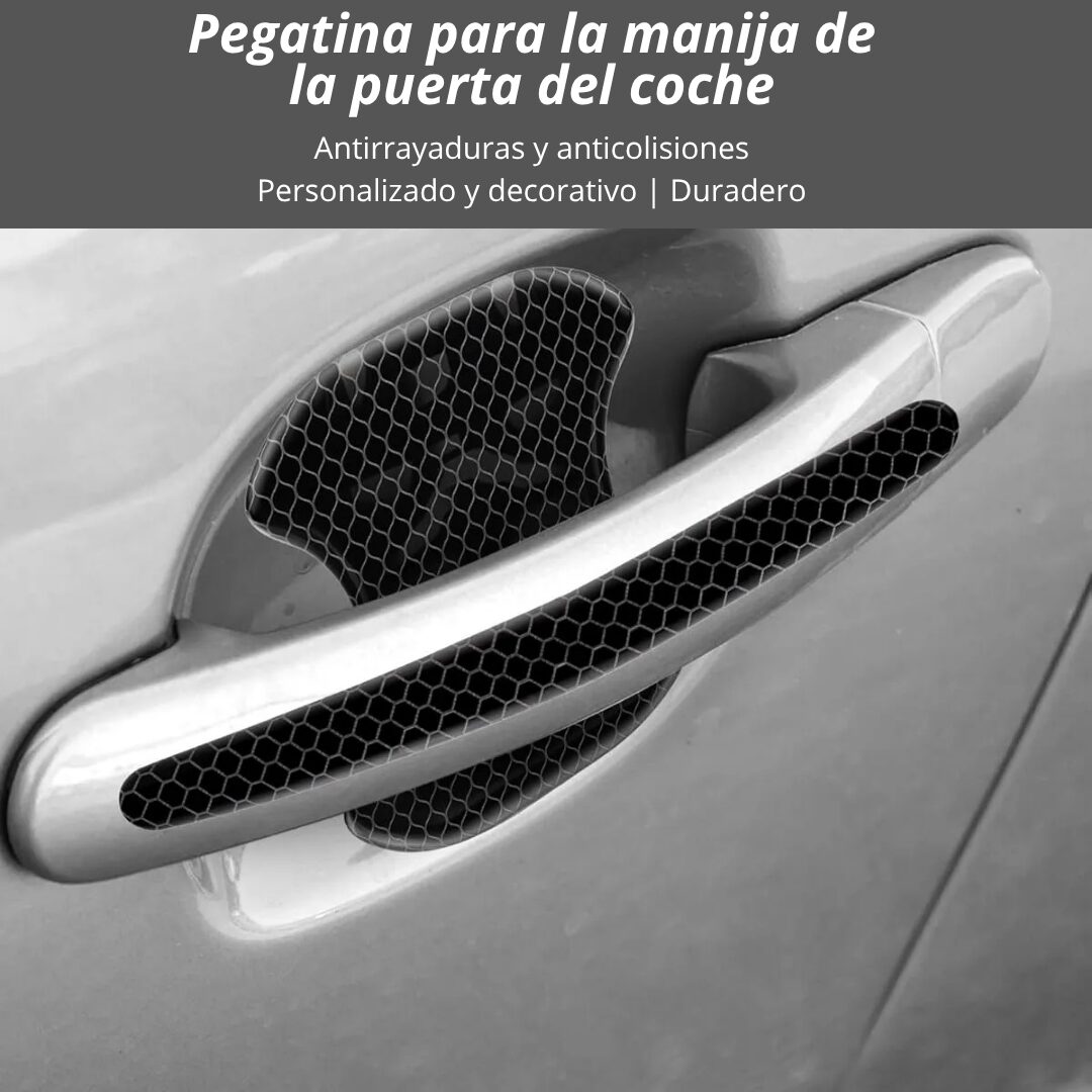 Protector de manija de auto con patrón hexagonal, protege contra rayones y golpes.