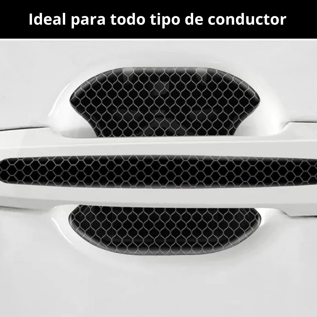 Protectores antirayones para manijas de auto, negros con patrón de malla, protegen pintura blanca.