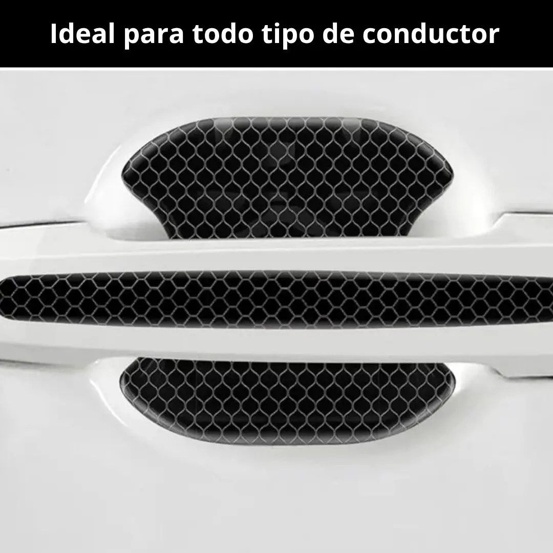 Protectores antirayones para manijas de auto, negros con patrón de malla, protegen pintura blanca.