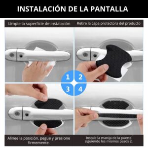 Set x2 protectores antirayones negros para manijas de auto, mostrando instalación paso a paso.