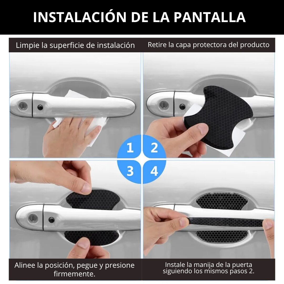 Set x2 protectores antirayones negros para manijas de auto, mostrando instalación paso a paso.