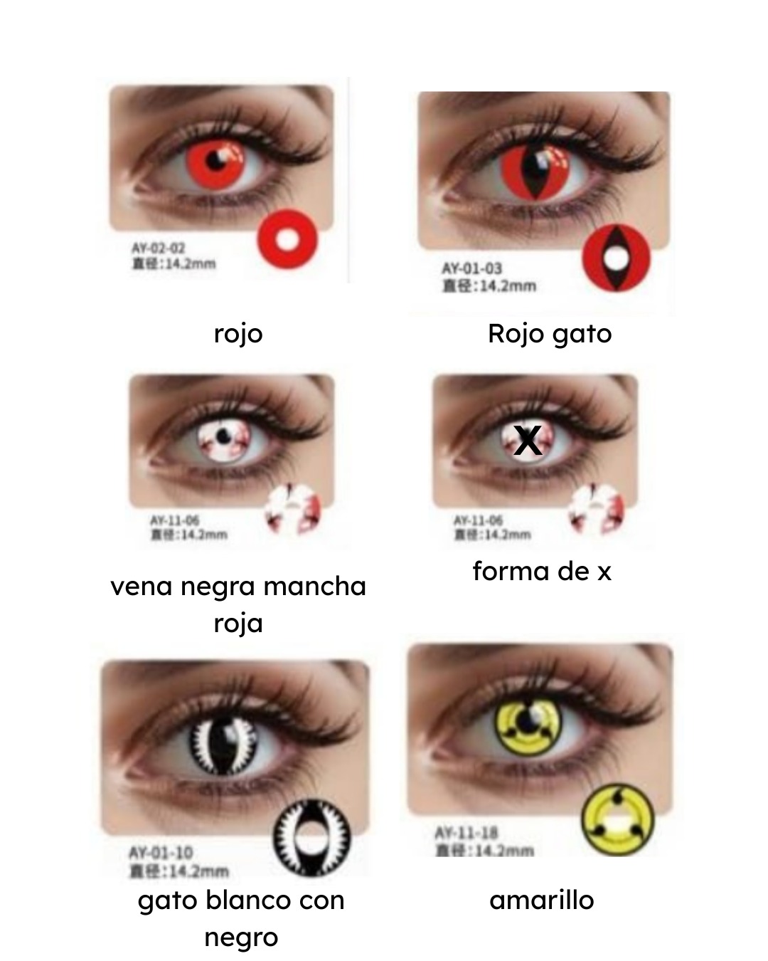 Lentes de contacto para ojos, varios diseños: rojo, ojo de gato rojo, vena roja, "X", ojo de gato blanco y negro, y amarillo.