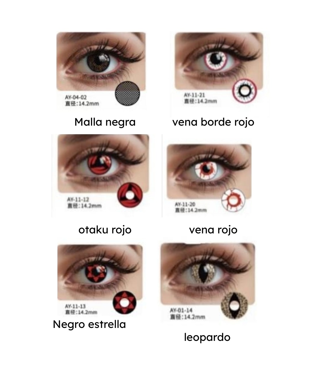Lentes de contacto cosméticos de 6 diseños diferentes: malla negra, vena borde rojo, otaku rojo, vena rojo, negro estrella y leopardo.