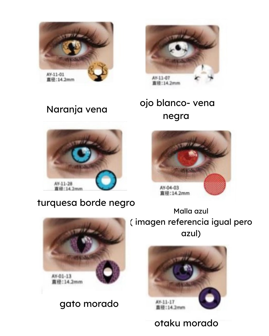 Lentes de contacto cosméticos en tonos naranja, blanco con negro, turquesa con borde negro, rojo, morado de gato y morado estilo otaku.