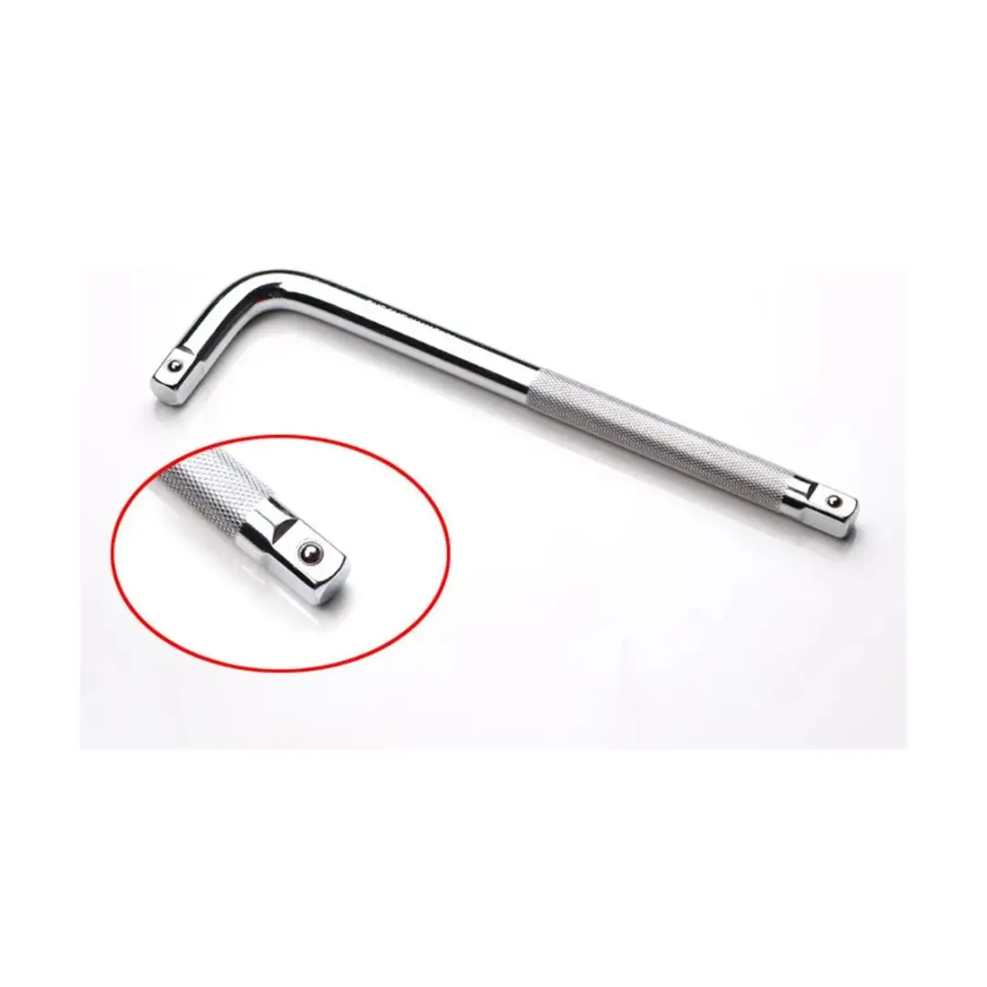Llave de fuerza tipo L cromada con mango moleteado y entrada cuadrada para copas.