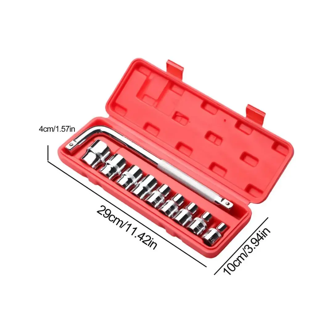 Juego de 10 copas y manija en estuche rojo de 29x10cm, ideal para mecánica.