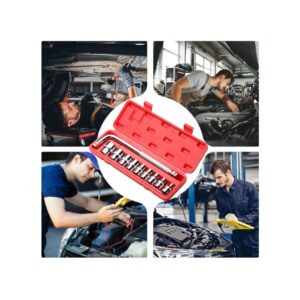 Juego de copas de 10 piezas en estuche rojo, mecánicos trabajando en autos.