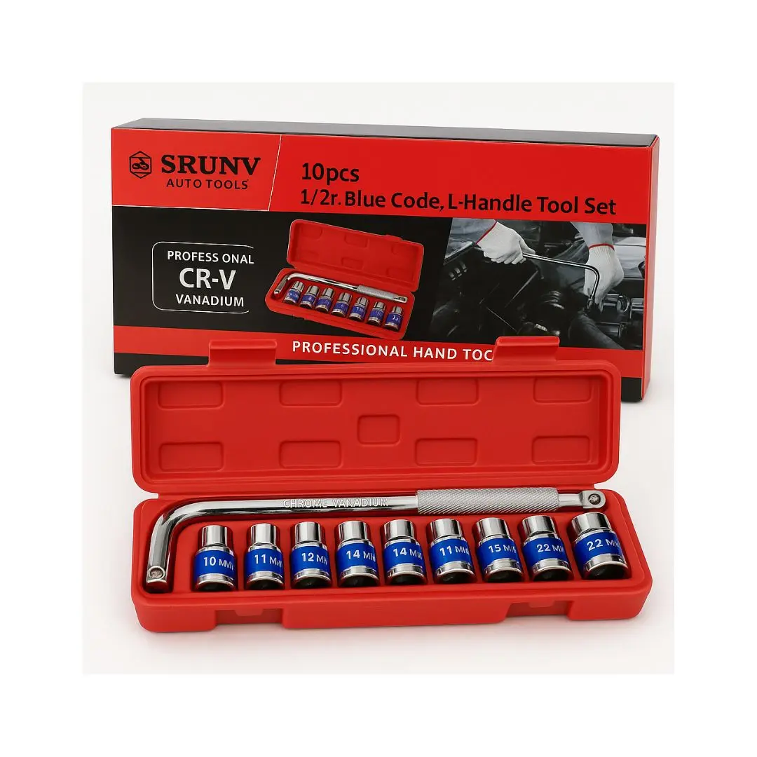 Juego de copas Srunv 10 piezas CR-V en estuche rojo con maneral L, medidas 10-22 mm.