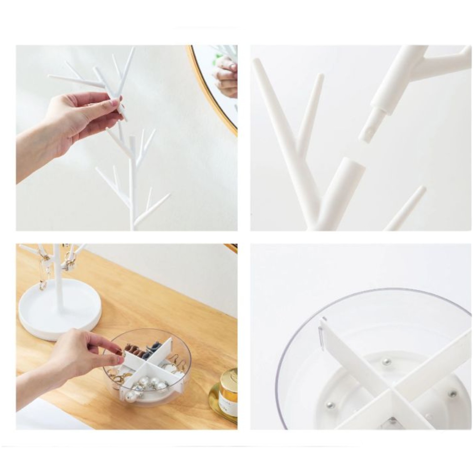 Organizador de joyas blanco tipo árbol, con compartimentos para accesorios y montaje fácil.