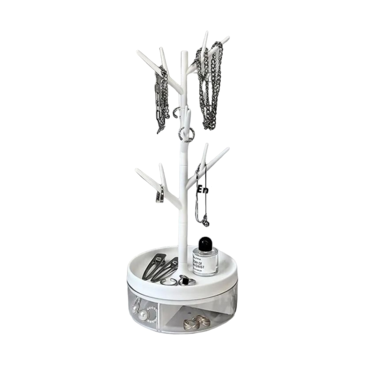 Organizador de joyas blanco tipo árbol con base redonda y cajones, ideal para collares, anillos y accesorios.