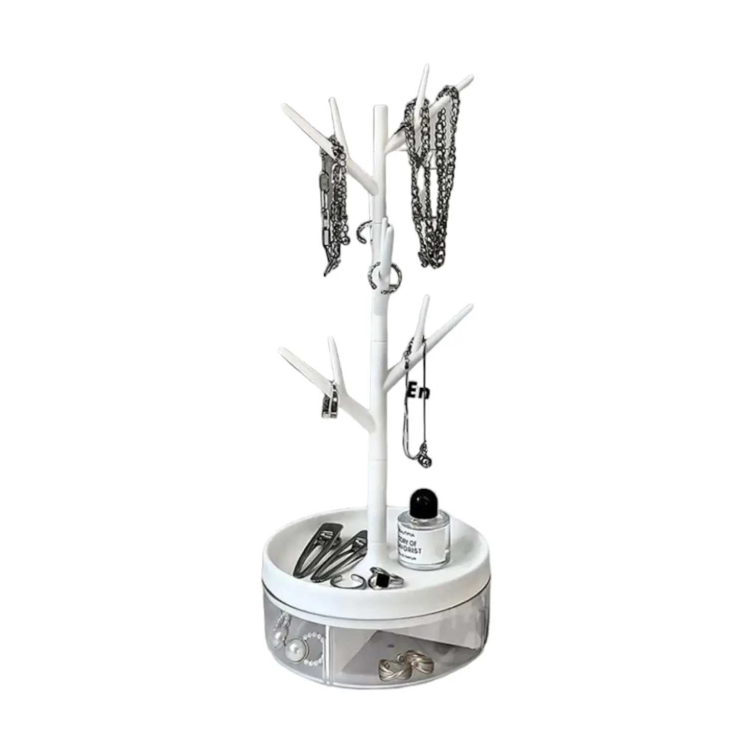 Organizador de joyas blanco tipo árbol con base redonda y cajones, ideal para collares, anillos y accesorios.