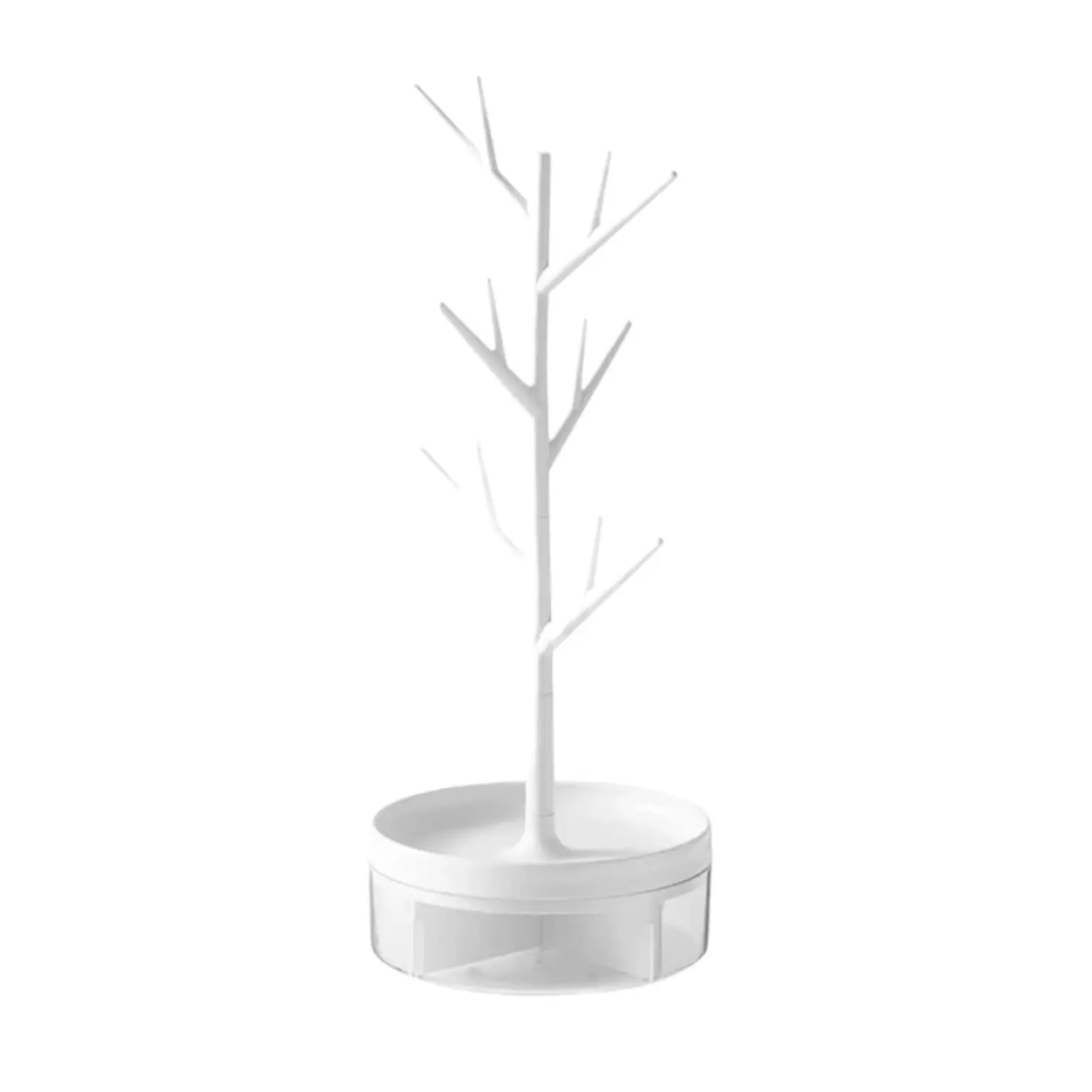 Organizador de joyas blanco tipo árbol con base giratoria y compartimentos transparentes para accesorios.