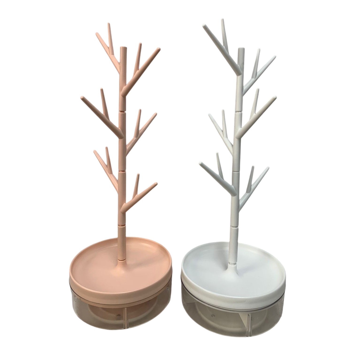 Organizador de joyas tipo árbol, en rosa y blanco, con base redonda y compartimentos.
