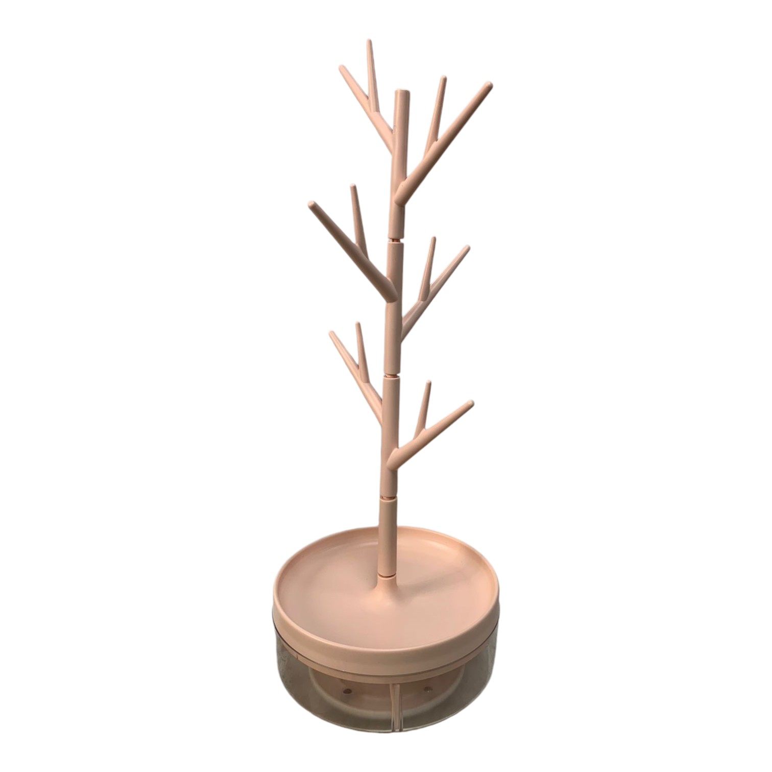 Organizador de joyas rosado tipo árbol con base redonda y compartimentos transparentes.