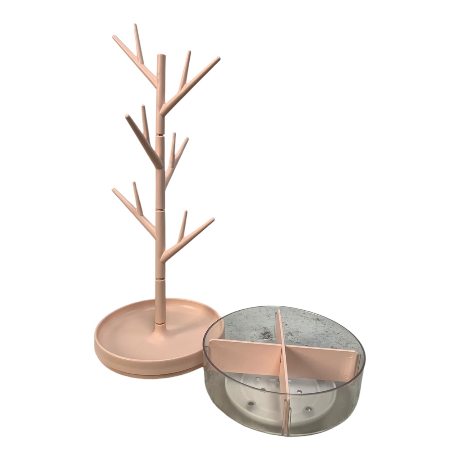 Organizador de joyas colgante tipo árbol color rosa pálido con base redonda y compartimentos circulares.