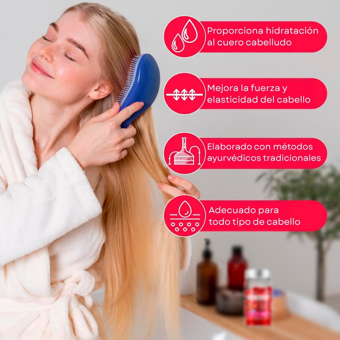 Mujer rubia con bata blanca se peina con cepillo azul. Suero capilar nutritivo con aceites naturales.