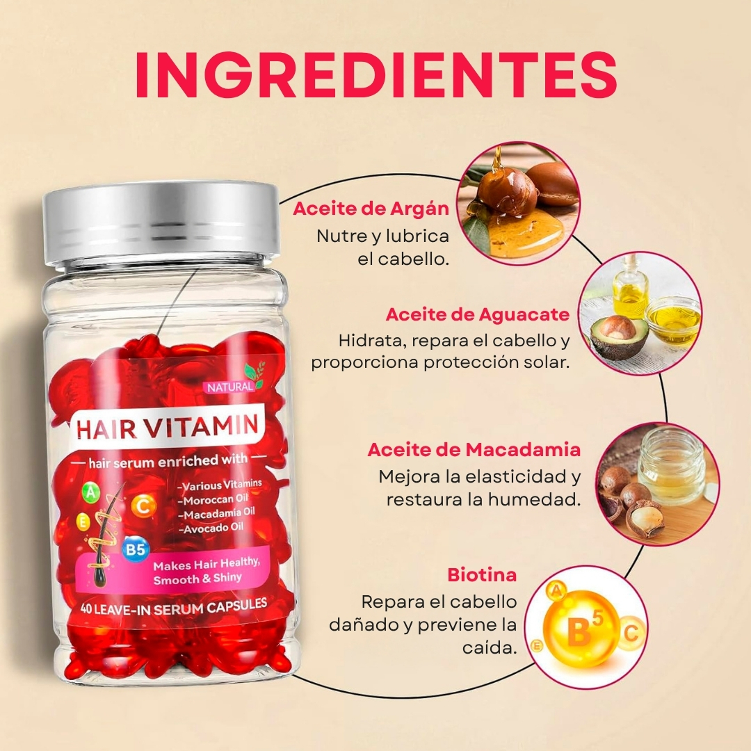 Suero capilar en cápsulas rojas, con ingredientes como aceite de argán, aguacate y biotina para reparar y revitalizar el cabello.