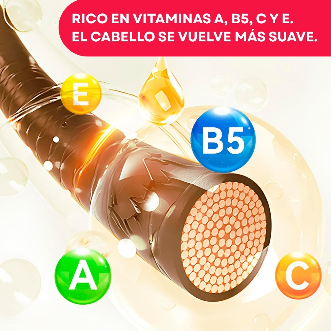 Suero capilar con vitaminas A, B5, C y E, mostrando un cabello nutrido y suave.