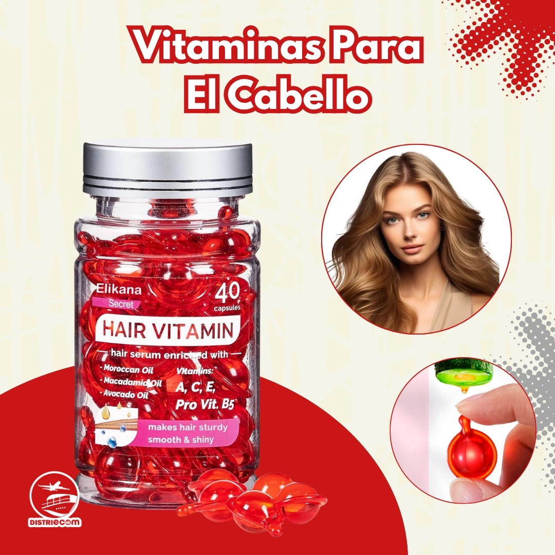 Frasco de 40 cápsulas rojas de suero capilar Elikana Secret con aceites y vitaminas para cabello.