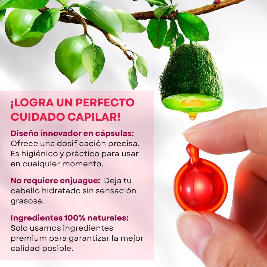 Cápsula de suero capilar roja con gota de aceite de aguacate, ideal para cuidado capilar.