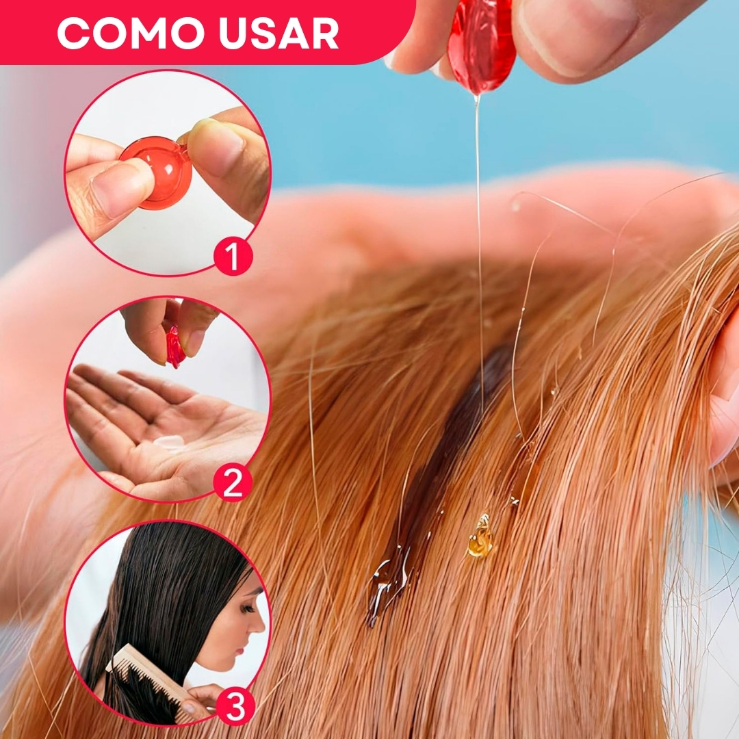 Suero capilar nutritivo en cápsula roja, aplicado en cabello rubio para reparar y revitalizar.