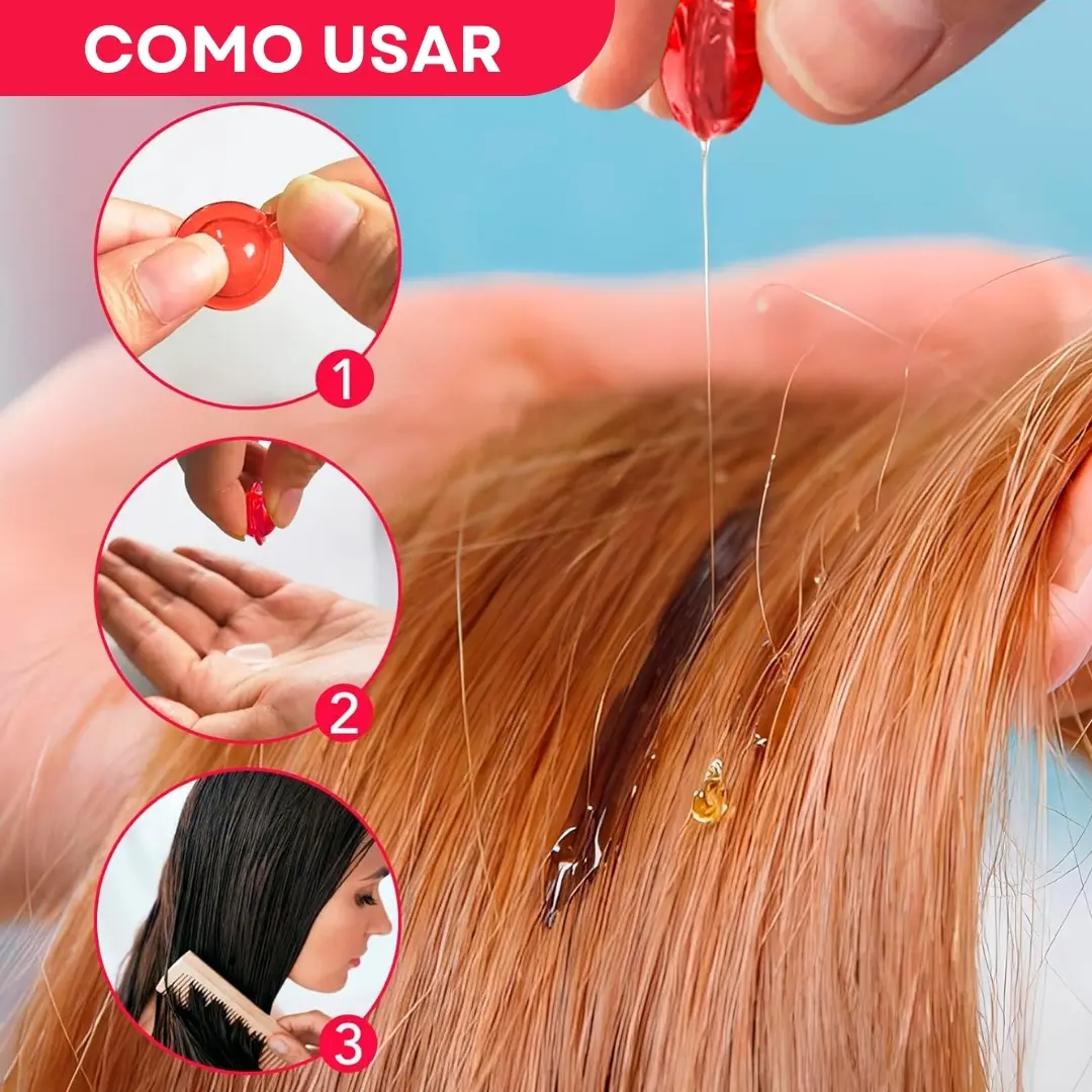 Suero capilar nutritivo en cápsula roja, aplicado en cabello rubio para reparar y revitalizar.
