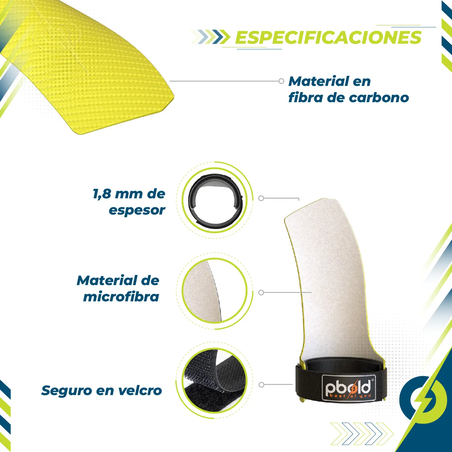 Calleras de crossfit verdes con 1.8 mm de espesor, material en fibra de carbono y microfibra, cierre en velcro.