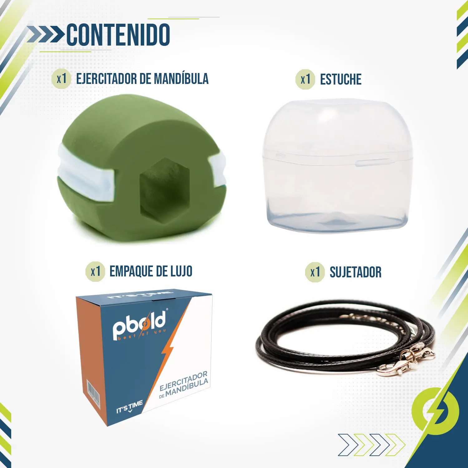 Set x2 ejercitador de mandíbula tonificador verde, estuche, caja de lujo y sujetador.