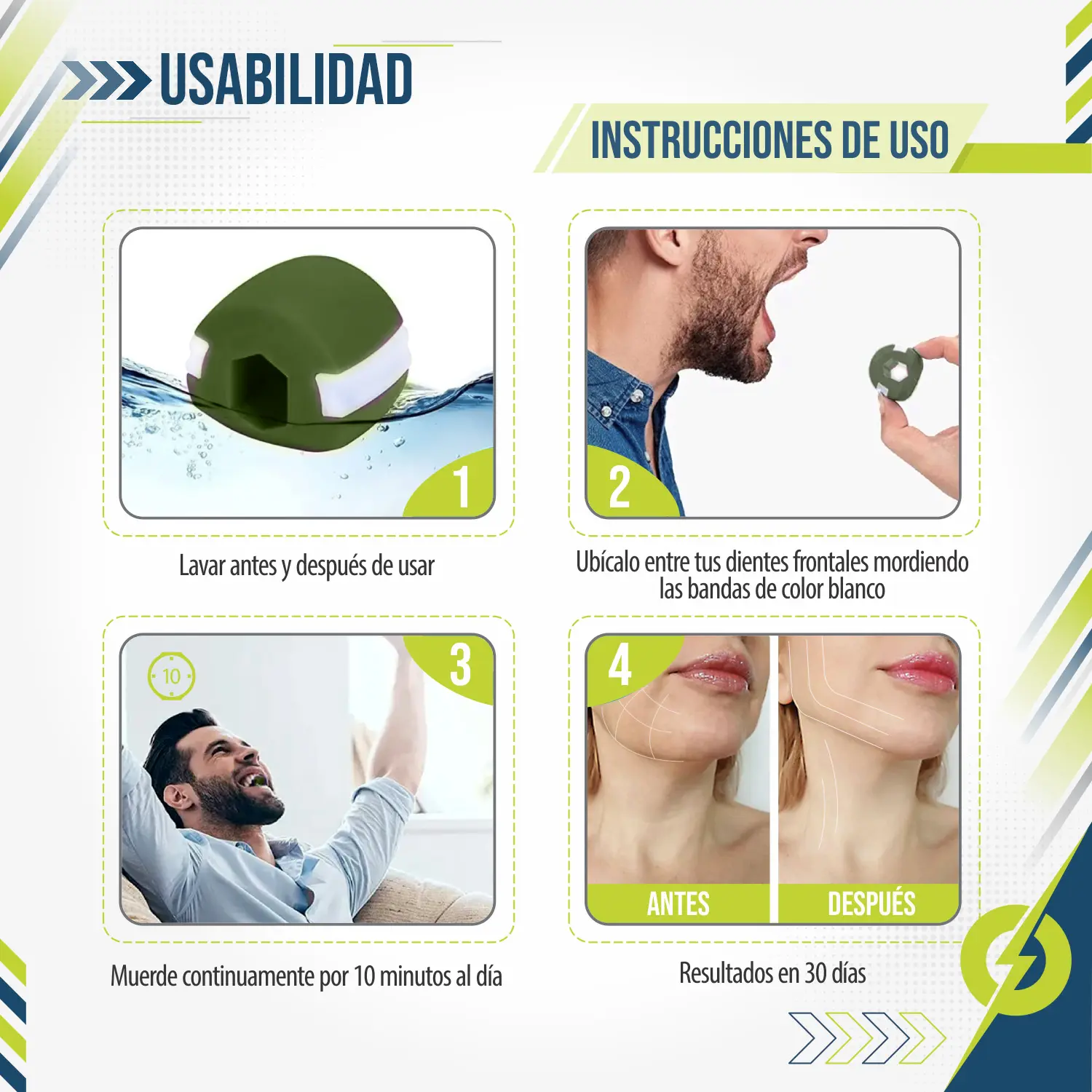 Ejercitador de mandíbula verde, en uso y para tonificar. Incluye instrucciones de lavado y uso diario.