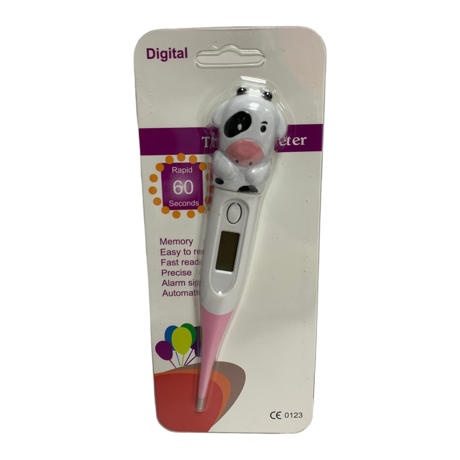Termómetro digital infantil con diseño de vaca, lectura rápida en 60 segundos, ideal para medir la fiebre.