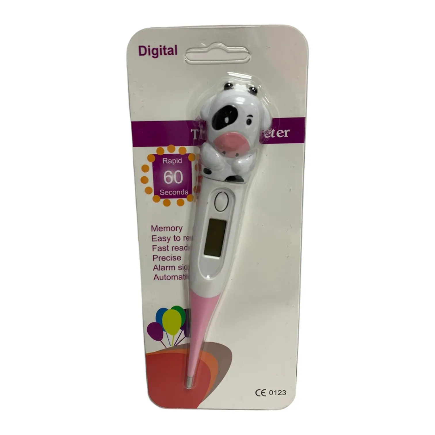 Termómetro digital infantil con diseño de vaca, lectura rápida en 60 segundos, ideal para medir la fiebre.