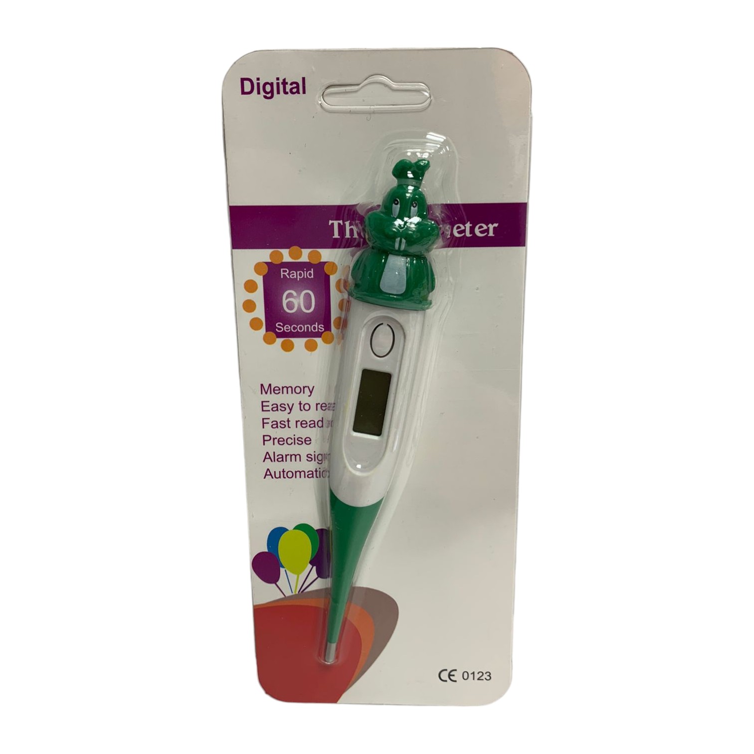 Termómetro digital infantil verde con figura de conejo, empaque con globos y texto "Rapid 60 Seconds".