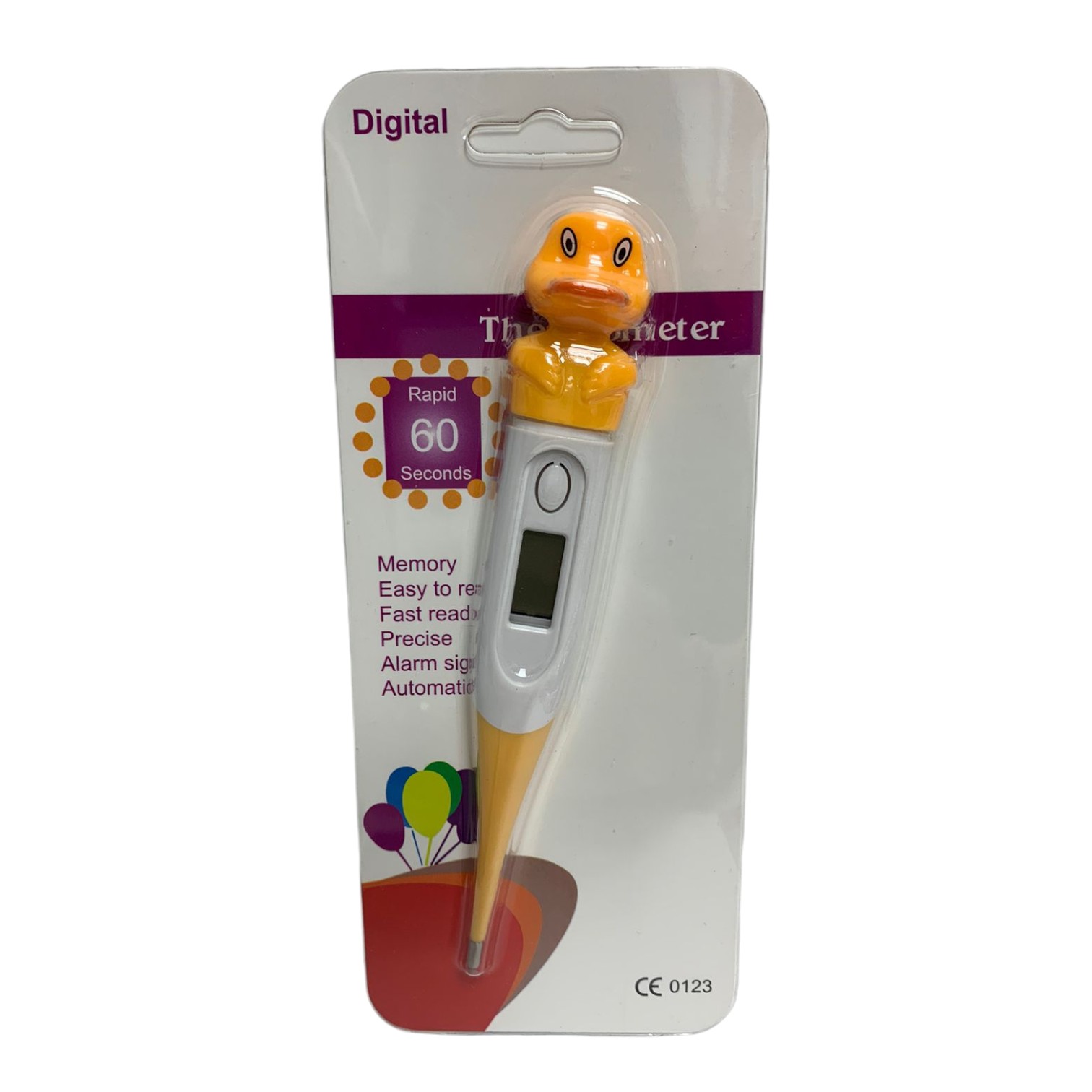 Termómetro digital infantil con diseño de pato amarillo, pantalla LCD, rápido y preciso.