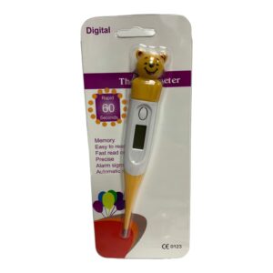 Termómetro digital infantil con diseño de oso amarillo, rápido y fácil de leer, ideal para medir la fiebre.
