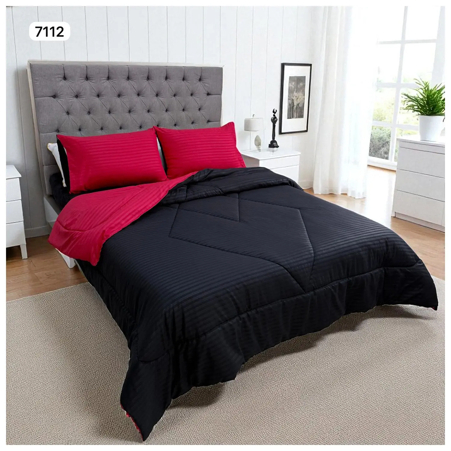 Edredón doble faz para cama doble, negro con rayas finas y acentos en rojo vibrante, incluye dos fundas para almohada.