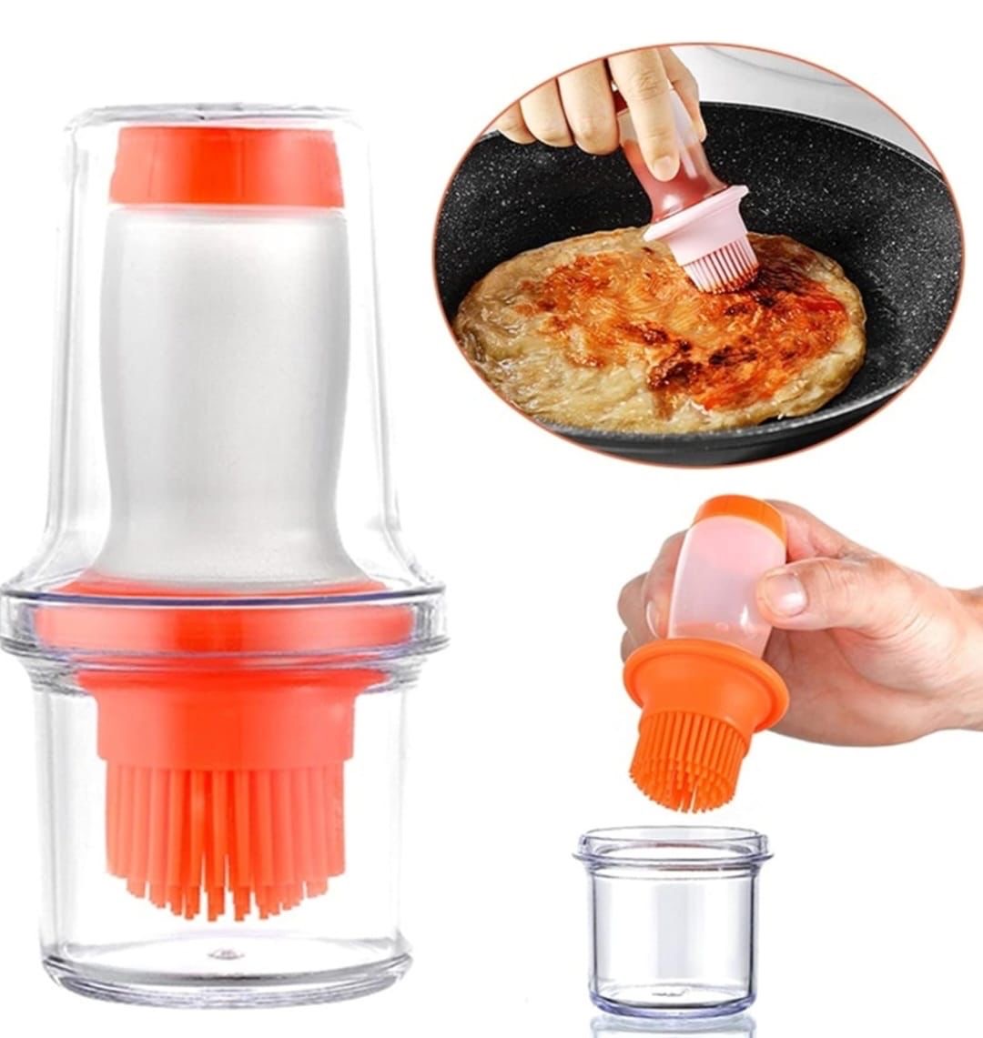 Dispensador de aceite con brocha de silicona naranja, ideal para cocinar y repostería.