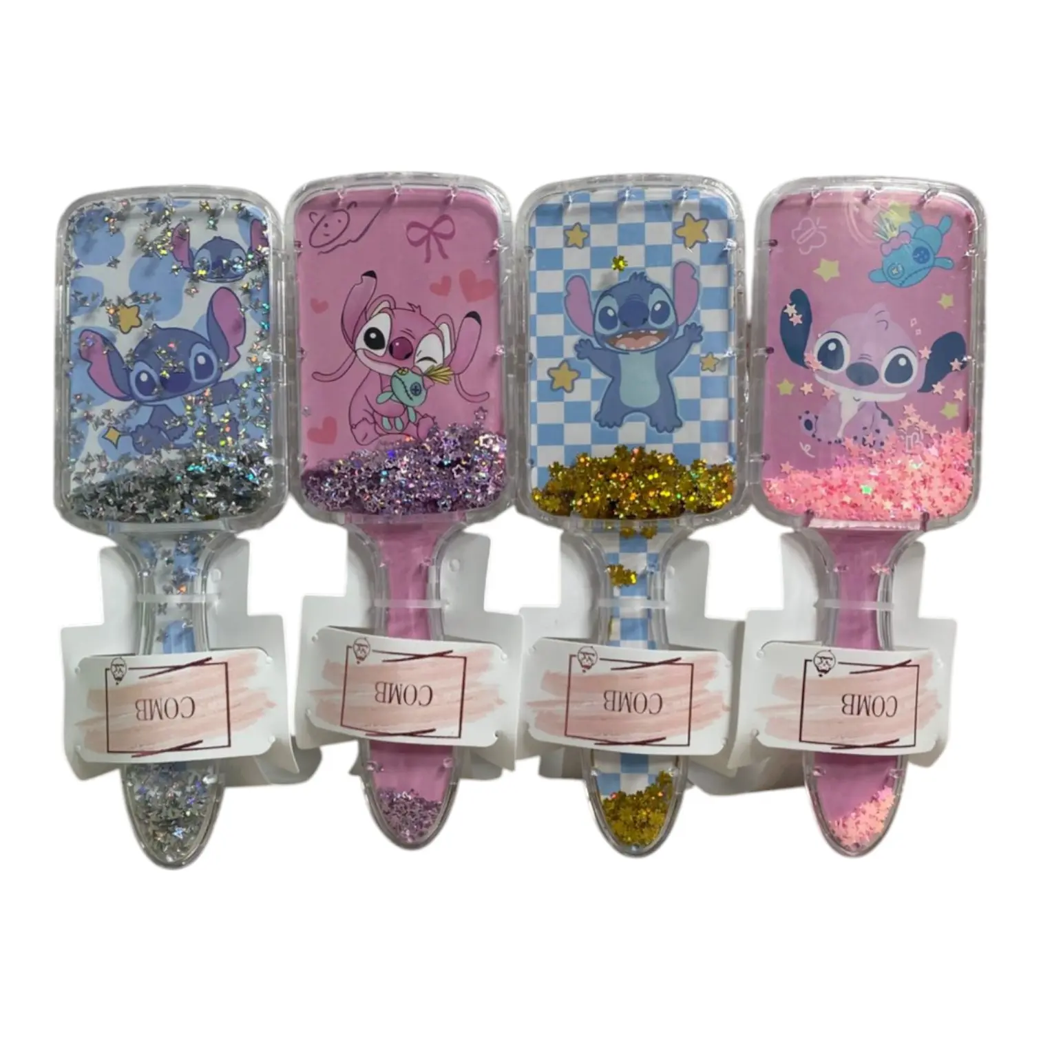 Set x2 cepillos desenredantes cabello Stitch brillante con glitter, diseño divertido para niños.