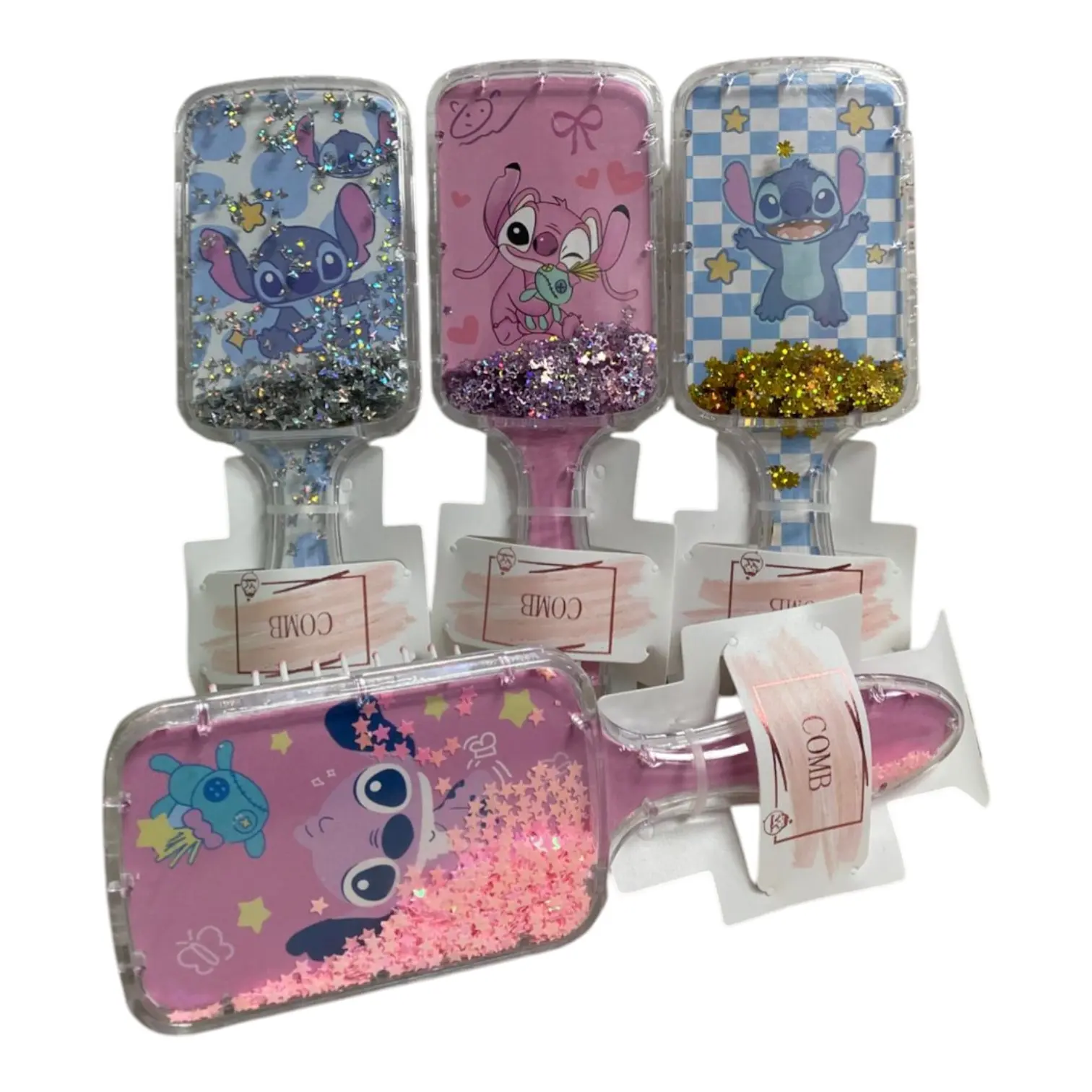 Cepillos desenredantes con diseño de Stitch brillante, uno azul con estrellas y otro rosa con mariposa.