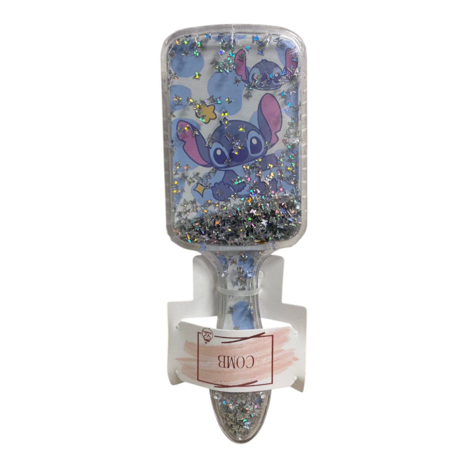 Cepillo desenredante con diseño de Stitch brillante y confeti, ideal para niños.