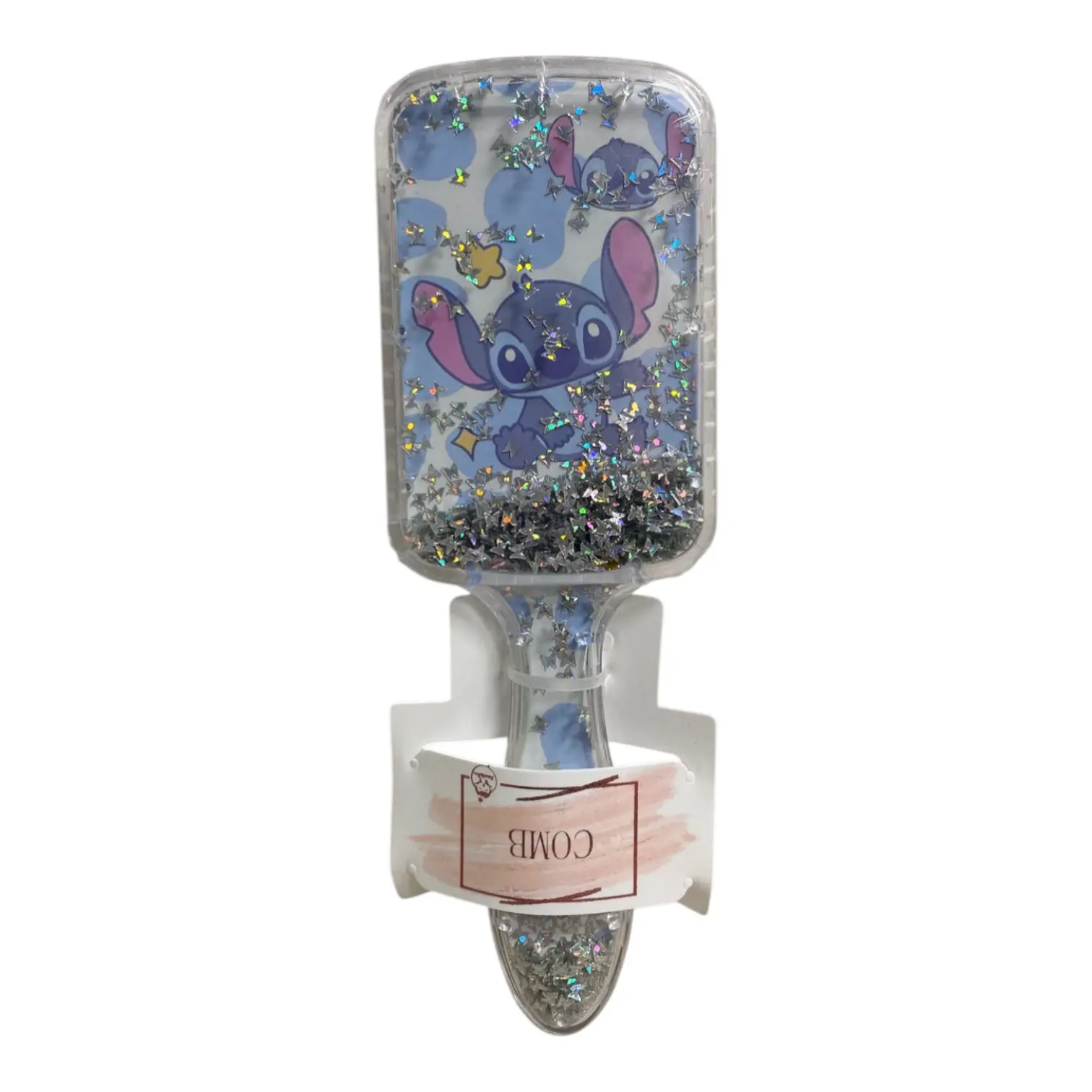 Cepillo desenredante con diseño de Stitch brillante y confeti, ideal para niños.