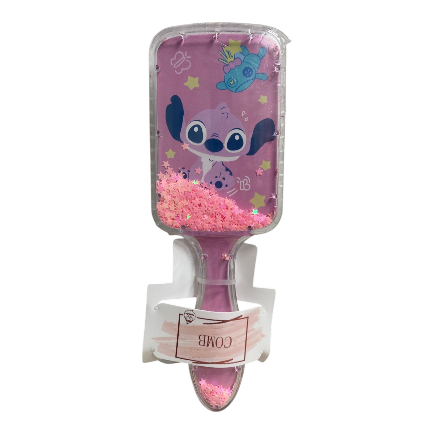 Cepillo desenredante para cabello con diseño de Stitch, lleno de brillos rosados y estrellas.