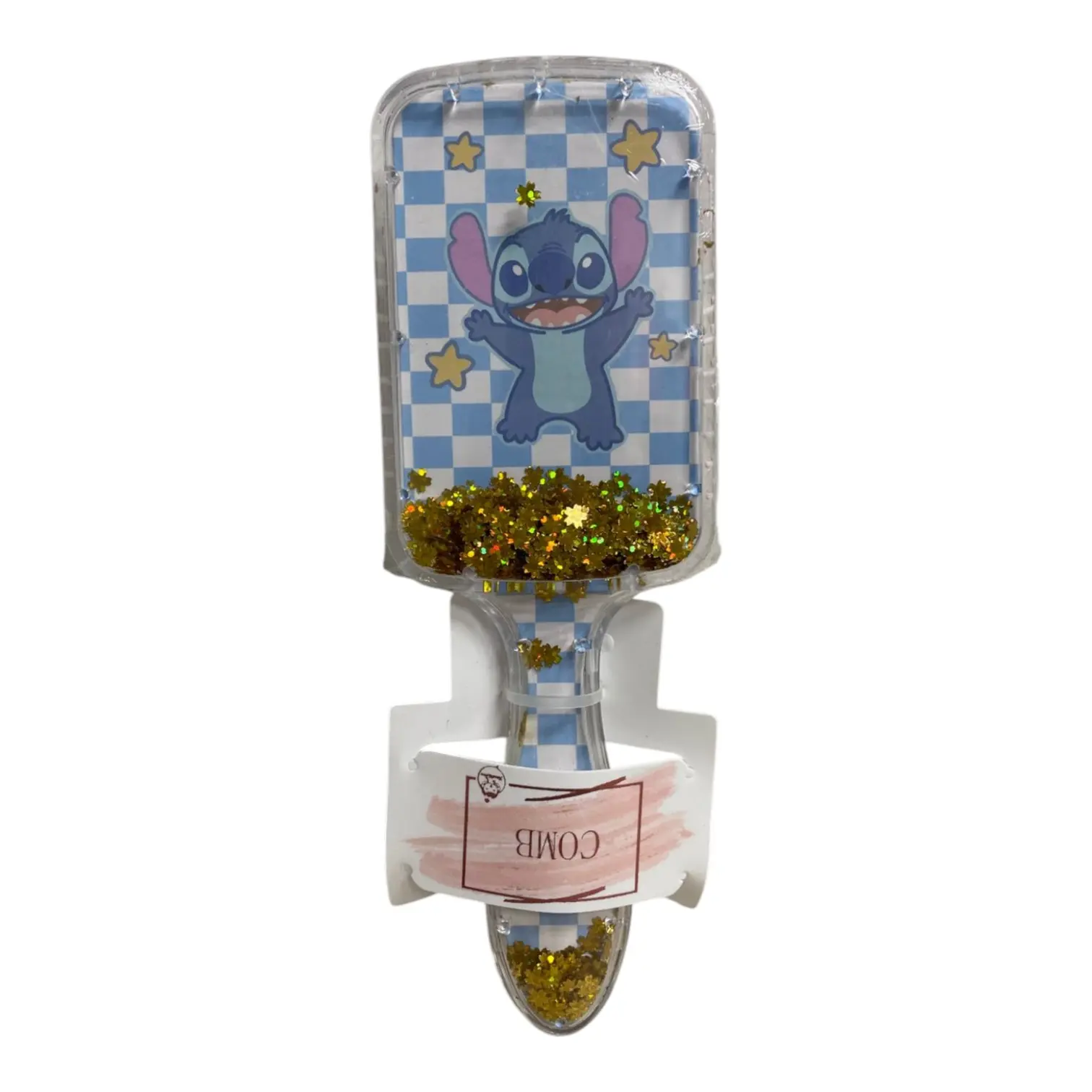 Cepillo desenredante con diseño de Stitch, fondo a cuadros azules y estrellas doradas brillantes, con glitter en el mango.