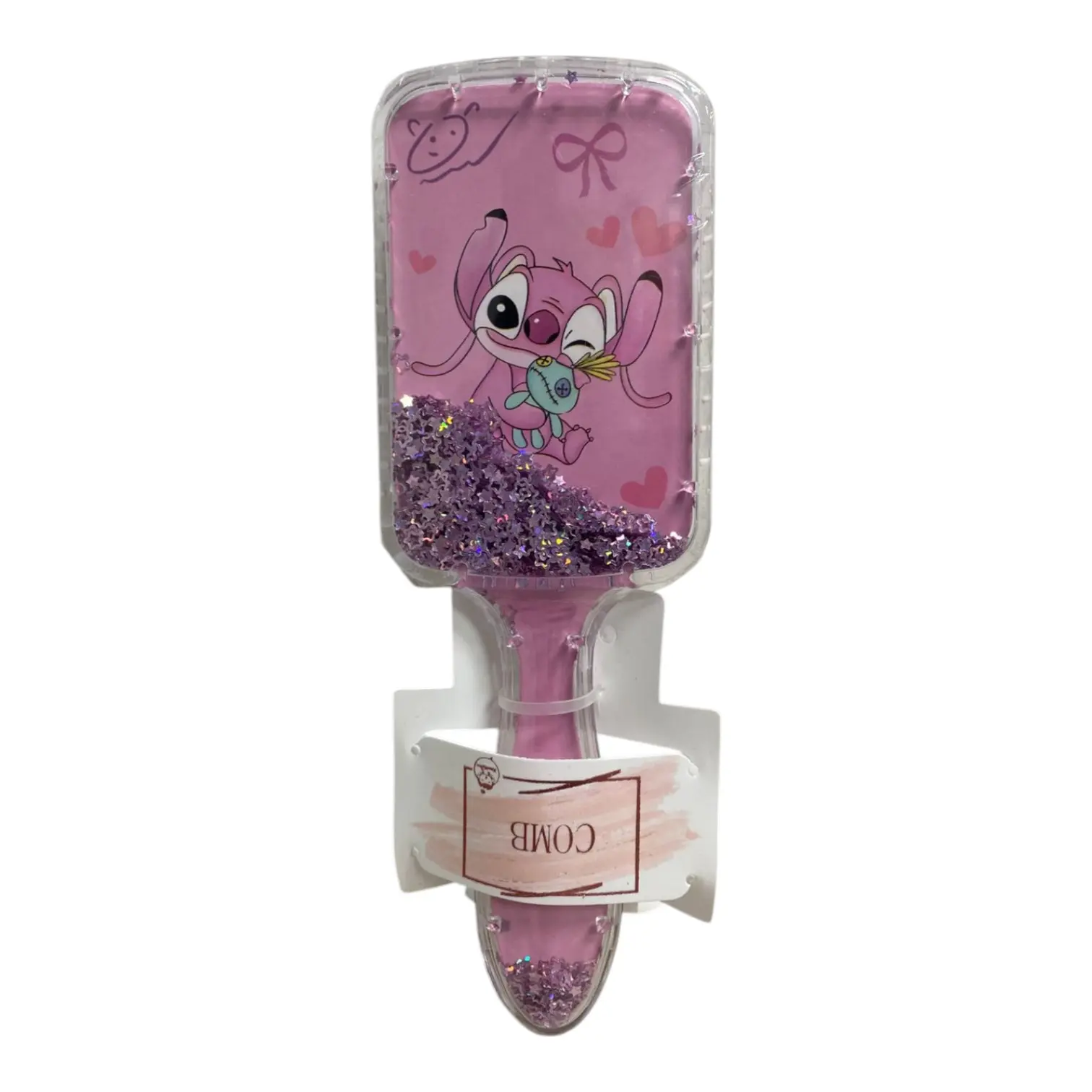Cepillo para cabello rosa con diseño de Stitch, relleno de escarcha, ideal para desenredar.