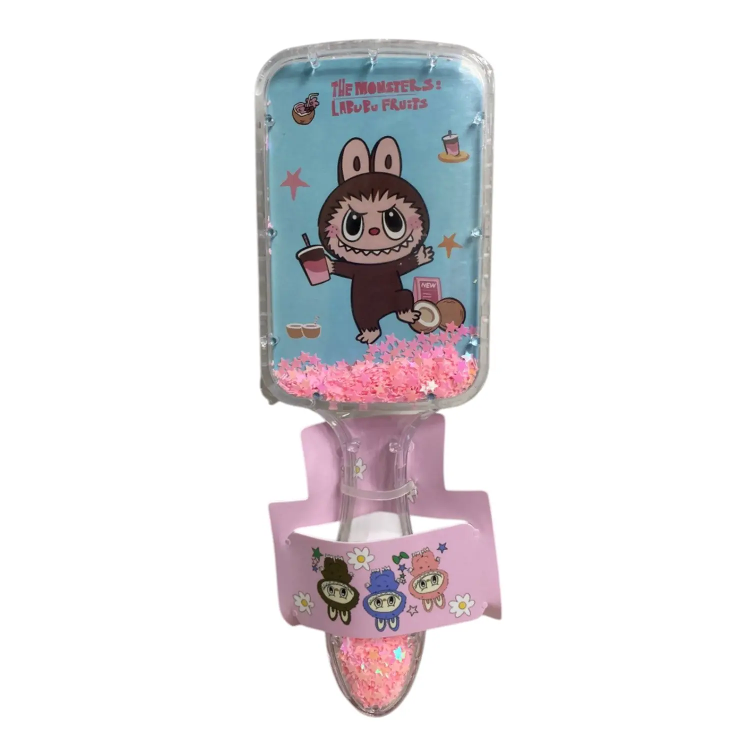 Set x2 cepillos desenredantes Labubu con brillos rosados, diseño de personaje con bebida y frutas.