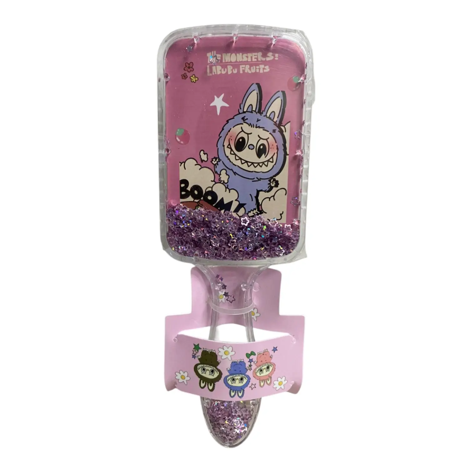 Set x2 cepillos desenredantes Labubu con brillos morados, diseño de monstruo azul y detalles de flores.