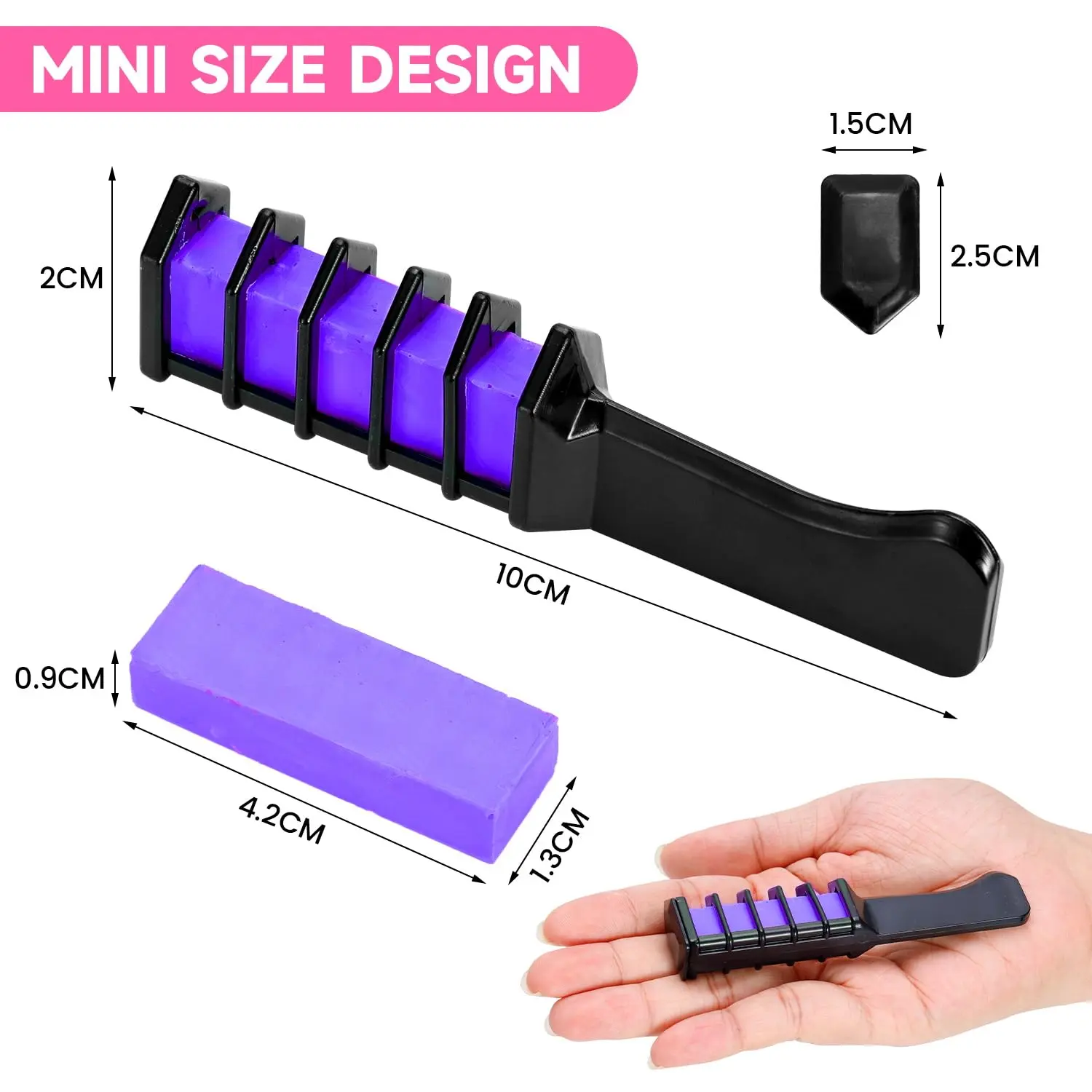 Peine de tiza temporal morado para cabello, diseño mini de 10 cm, ideal para cambios de estilo instantáneos.