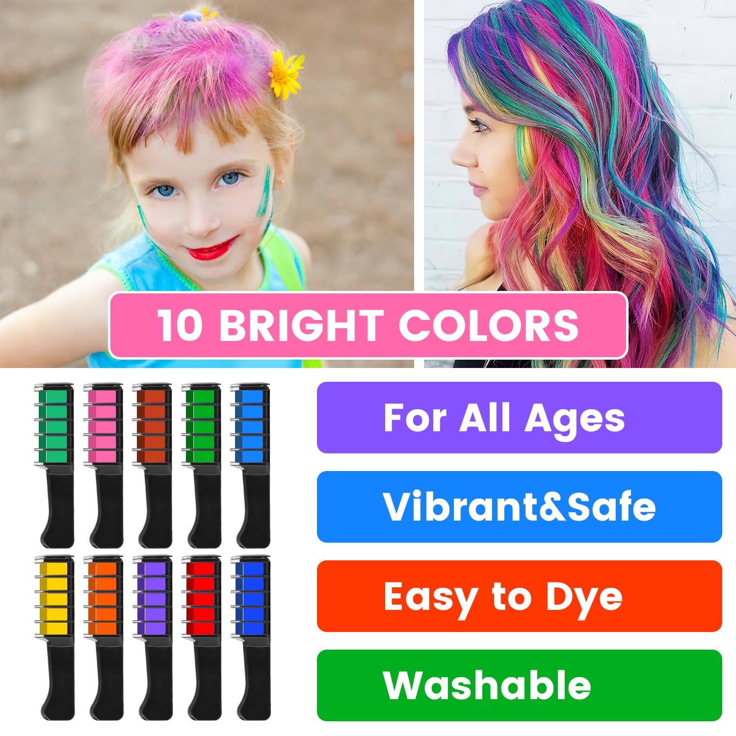 Peines de tiza temporal para cabello 10 colores vibrantes. Para todas las edades, fácil de usar y lavable.