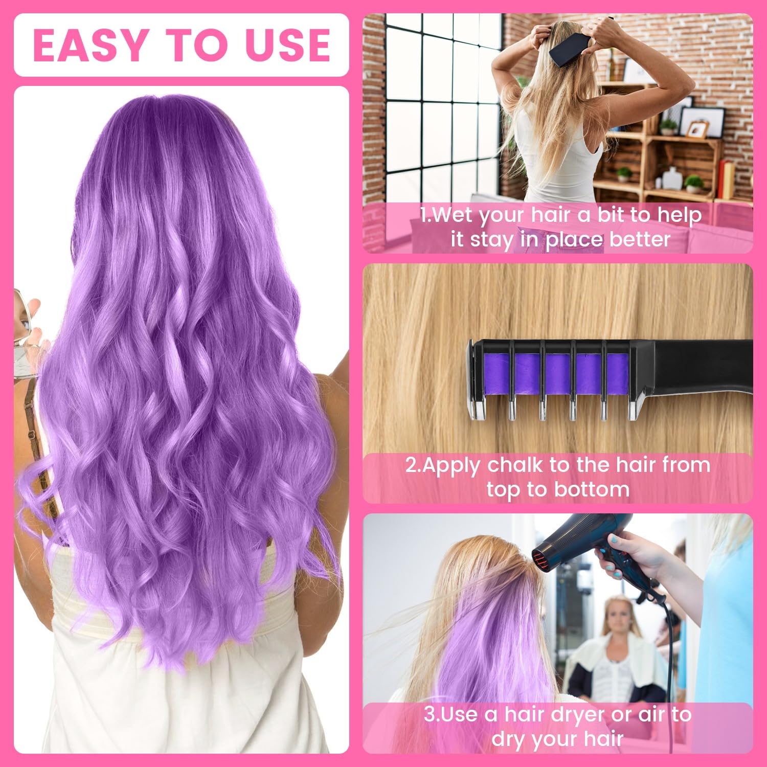 Peine de tiza temporal para cabello morado vibrante, fácil de usar para cambios de estilo instantáneos.