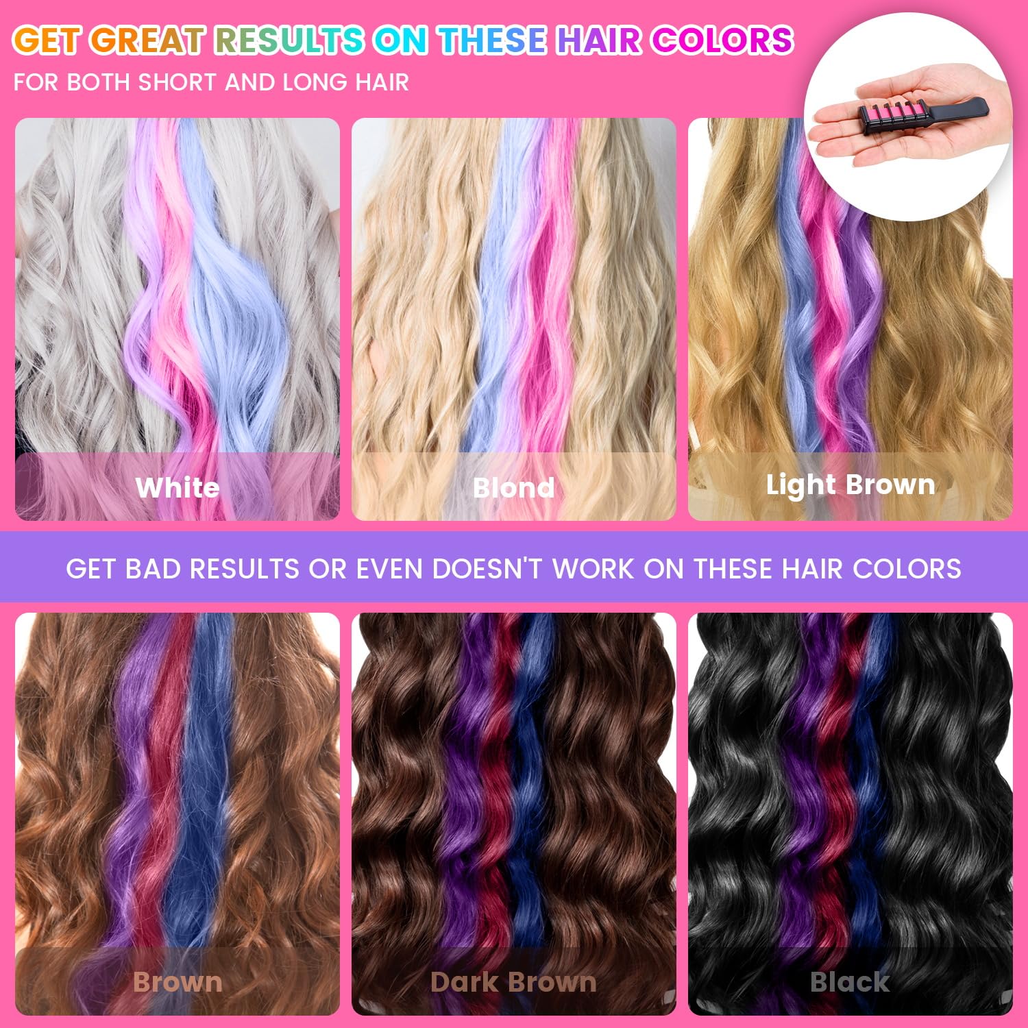 Peine de tiza temporal para cabello con 10 colores vibrantes en mechones blancos, rubios, castaños y negros.